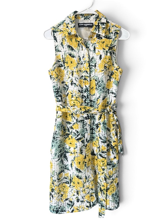 Karl Lagerfeld Dresses & Skirts - Karl Lagerfeld Yellow and Green Floral Tie-Waist Sleeveless Shirt Dress Size 2